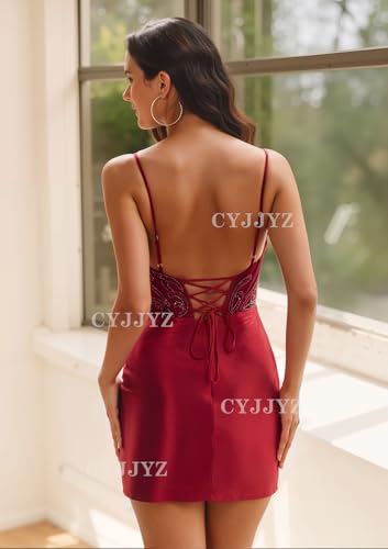 Satin Homecoming Dresses Sparkly Sequin Appliques Short Prom Dress for Teens V Neck Tight Cocktail Party Gown2