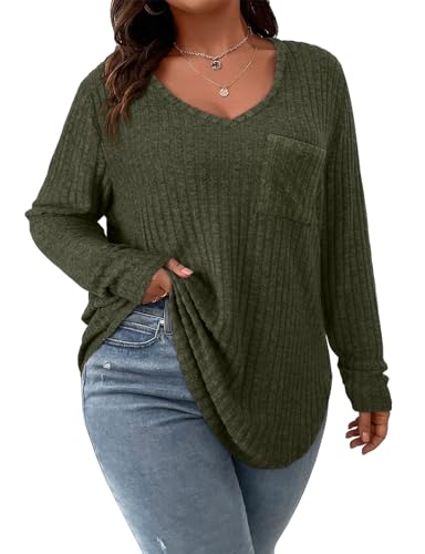 Image of Koscacy Women Plus Size Casual Knit Sweater with Pocket V Neck Solid Color Tops Lightweight Long Sleeve Blouses
