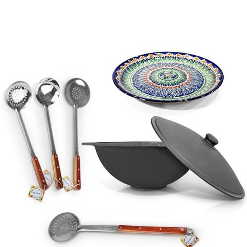 ZARENHOFF Kazan de hierro fundido de 16 l de diámetro, 46,5 cm de diámetro, base plana con lagan de 37 cm de diámetro, cuchara espumosa para cucharón Plov uzbeko olla WOK Kazan Ljagan Namangan Asia
