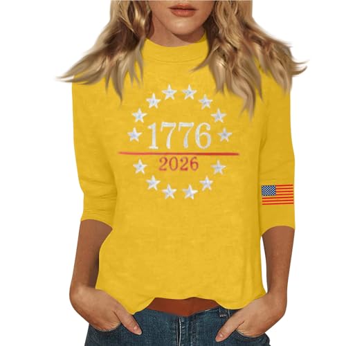 Women's 3/4 Sleeve Patriotic Flag Printed Shirts Round Neck Casual Blouse 250th Anniversary USA America 250 Tops