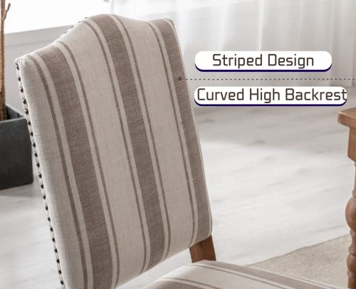 Ealson Farmhouse Dining Chairs Set Of 2 Upholstered Dining Room Chairs With Wood Legs And Nailhead Trim Mid Century Modern Kitchen Chairs With High Back Padded Parson Chairs, Linen Brown Stripe #TOP2