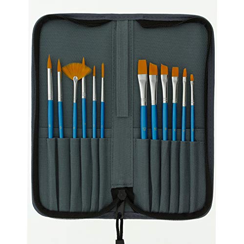 U.s.art Supply 12-Piece Short Handle Nylon Hair Artist Paint Brush Set Blue Handle With Carry Case #TOP1