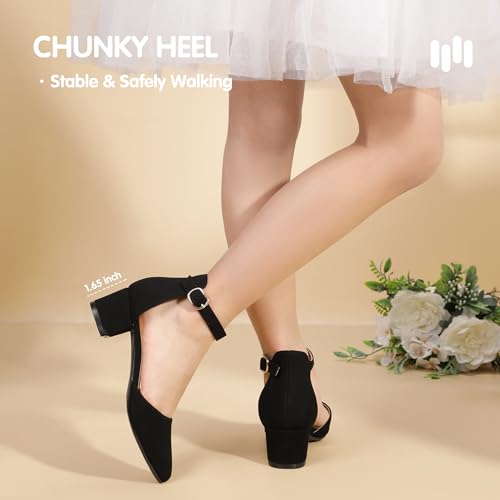 Image of Hehainom Girls Dress Shoes Chunky High Heels Ankle Strap Pumps | Pointed Closed Toe, Little Big Kid, Adjustable Buckle, Mary Jane, Wedding, Party, Communion, Flower Girl