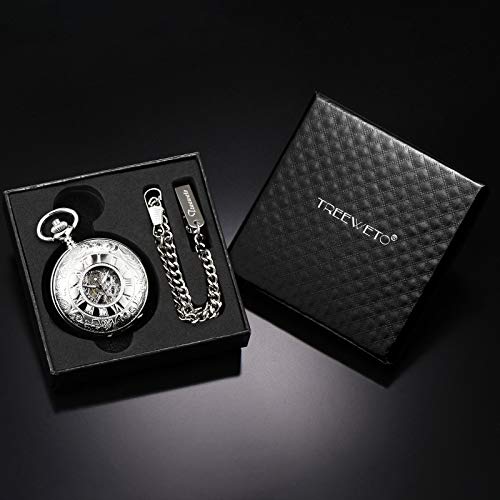 Treeweto Men's Mechanical Skeleton Pocket Watch For Mens Women Roman Numerals Dial Silver Tone Double Case Pocket Watches #TOP6