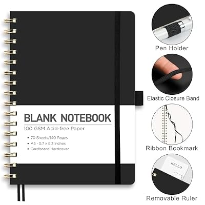 RETTACY Blank Journal Notebook, 140 Pages, A5 Medium Size (5.7'' x 8.3''), Hardcover, 100 GSM Thick Paper, for Sketching, Drawing, Painting (Black)