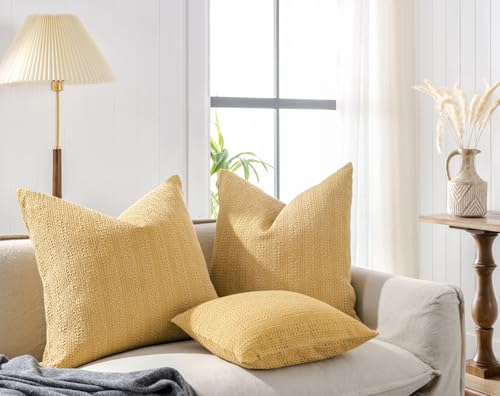 Image of 18x18 Throw Pillow Covers Set of 2 Boho Decorative Pillow Shams Stone Washed Cotton Pillowcase Waffle Square for Couch Sofa Chair Bed Car, Yellow
