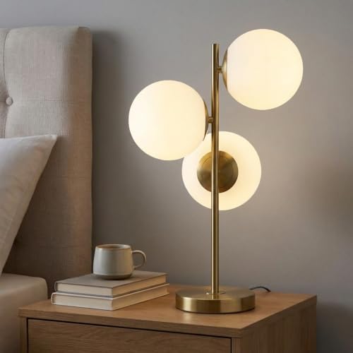 B·LED BARCELONA LED Lampada da tavolo ROM con tripla sfera in vetro opalino Ø15 cm, design moderno in oro, compatibile con lampadine E27, ideale per soggiorno, camera da letto, scrivania