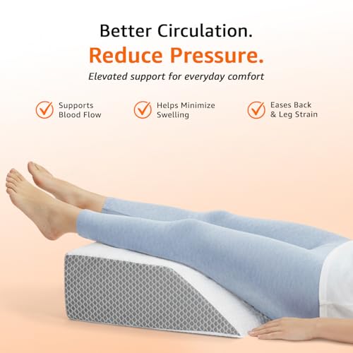 Image of amazon basics Wedge Leg Pillow | High Resilience Super-Soft Foam | Leg, Hip, Thigh & Knee Rest | Generous Size for Both Legs | Washable Cover | 22 x 20 x 7 in | White & Grey
