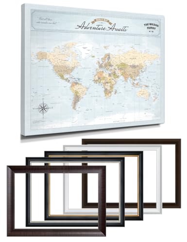 Image of IPIC - Custom Framed world map wall art, Push Pin Map Decor to Mark Travels, Personalized Artwork with Names and Message on, Large World Travel Map Print for Home, Office, Study, and RV