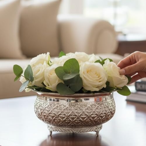 Image of Decorative Brass Chitai 8 inches German Silver Urli Center Table Flower Bowl | Urali for Mandap, Haldi, Mehendi, Wedding, Reception Decor | Large Size 1500ml
