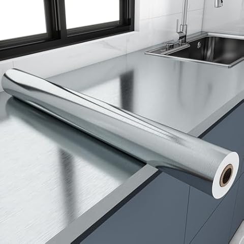YIZHI Stainless Steel Contact Paper Peel and Stick Countertop Contact Paper 15.7'' x 196.9' Waterproof Silver Metallic Wallpaper for Kitchen Backsplash Self Adhesive Wallpaper Fridge Appliances Cover Cover