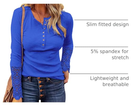 Image of Kancystore Women's Fall Long Sleeve Tops Lace V Neck Button Down Henley Shirts Tunic Blouses