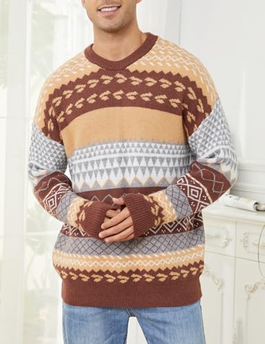 Arssm Vintage Sweater Men Striped Oversized Knit Winter Sweaters Crewneck Casual Retro Color Block Pullover(Brown-L)3
