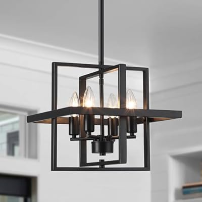 Yidelloc Black Chandeliers Rectangle Pendant Light Kitchen Island Vintage Farmhouse Light Fixture Rustic Cage Adjustable Height Ceiling Light for Dining Room Foyer Entryway Kitchen