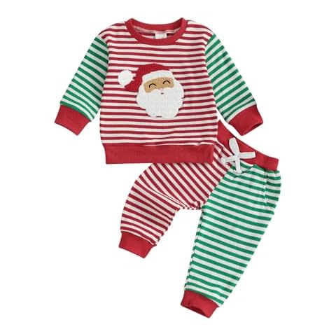 Hnyenmcko Toddler Baby Boy Christmas Outfit Santa Embroidery Striped Pullover Tops Elastic Pants Set Baby Christmas Clothes (AB Santa Claus, 2-3T) Cover