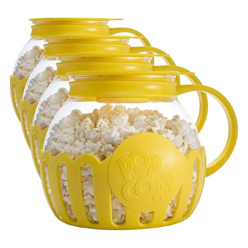 Image of Ecolution Patented Micro-Pop Microwave Popcorn Popper with Temperature Safe Glass,3-in-1 Lid Measures Kernels and Melts Butter,Made Without BPA,Dishwasher Safe,3-Quart,Yellow,(Pack of 4)