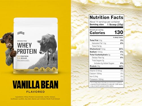 Image of Levels Grass Fed Whey Protein Powder, No Artificials, 24G of Protein, Vanilla Bean, 1LB