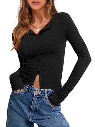 ANRABESS Women Long Sleeve Button Down Shirts Ribbed Knit Slim Fitted Crop Tops 2025 Fall Y2K Dressy Casual Trendy Outfits