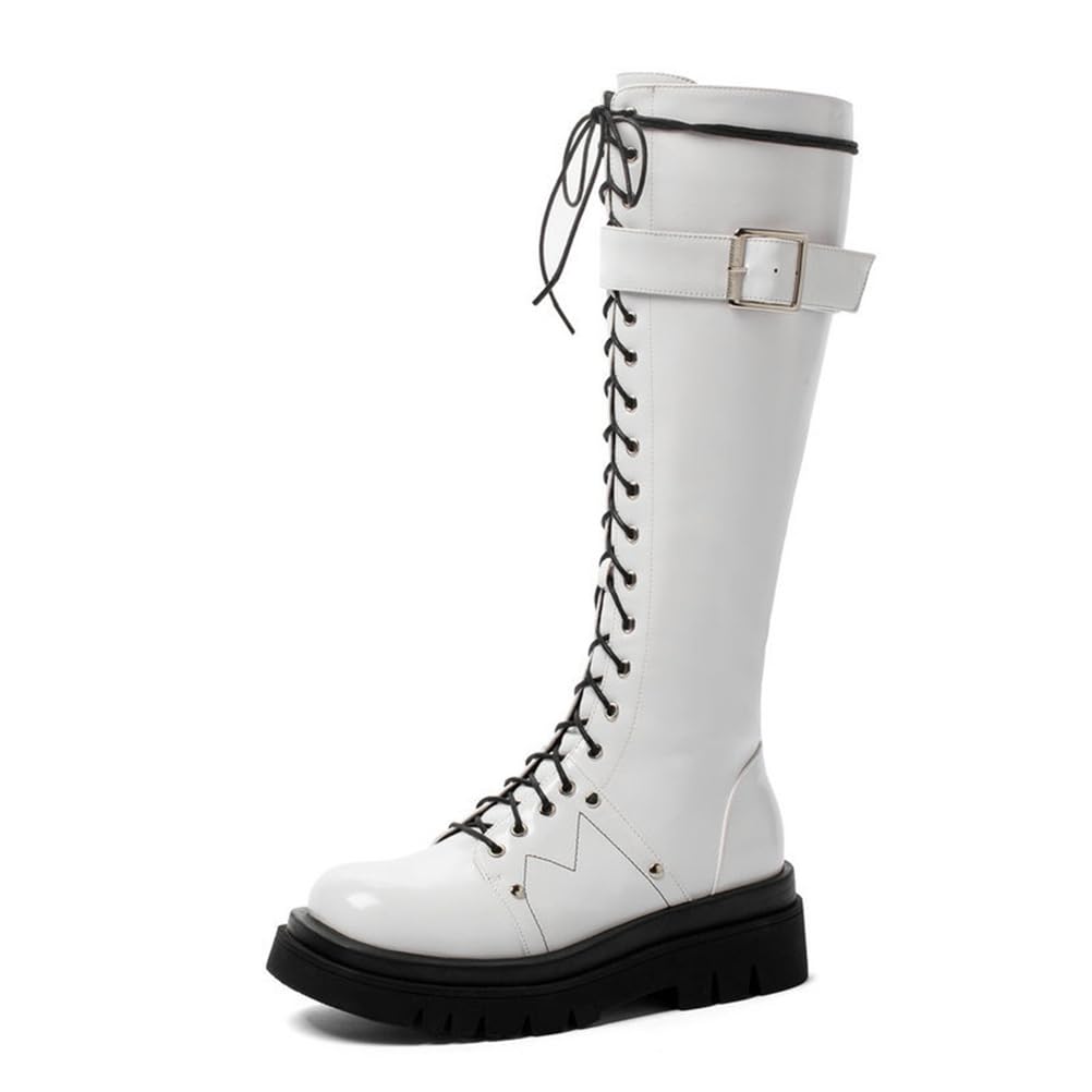 Womens Patent Leather Lace Up Knee High Boots Black Motorcycle Riding Boots with Chunky Heel Biker Boots with