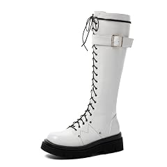 Womens Patent Leather Lace Up Knee High Boots Black Motorcycle Riding Boots with Chunky Heel Biker Boots with