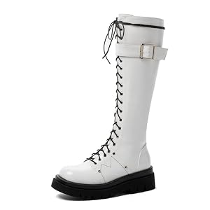 Womens Patent Leather Lace Up Knee High Boots Black Motorcycle Riding Boots with Chunky Heel Biker Boots with