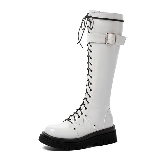 Womens Patent Leather Lace Up Knee High Boots Black Motorcycle Riding Boots with Chunky Heel Biker Boots with
