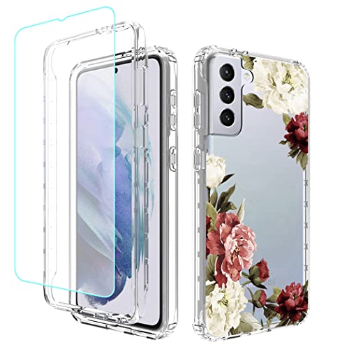 Coque Samsung S21+ anti-choc intégrale à motif floral et vitre en verre trempé incluse