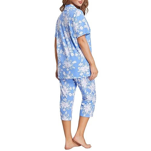 Image of Tugege Capri Pajamas Set Womens Button Down Short Sleeve Lounge Sets Sleepwear Notch Collar Top & Capri 2 Piece PJ Sets