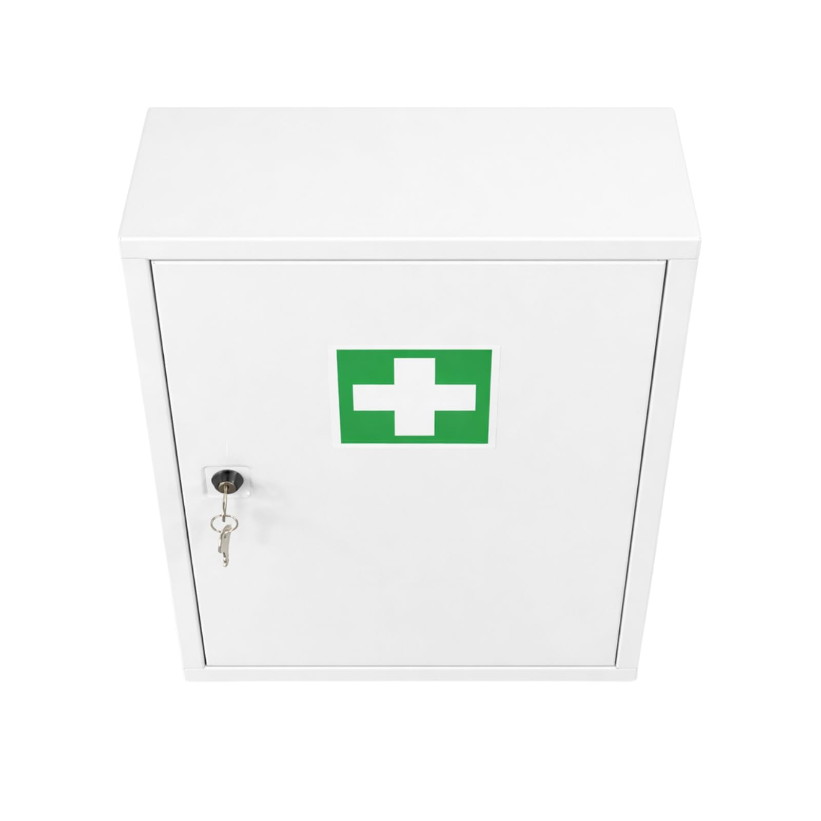 First Aid Products Verbandschrank B - leer - Medizinschrank Metall, 3 Ablageflächen kompakt mit Sicherheitsschloss – Weiß – wandmontierbar, robust & platzsparend – 46 x 30 x 14 cm
