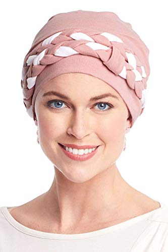 Double Braid Turban Set - All Cotton 2 pc Chemo Cancer Turbans for Women Double Braid - Pink Blush/White