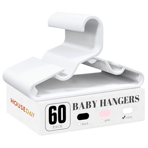 Image of HOUSE DAY Plastic Baby Hangers for Closet 60 Pack, Durable Plastic Kids Hangers for Baby Clothes, Thin & Compact Childrens Hangers, Space Saving White Baby Hanger, Small Hanger for Kids Clothes
