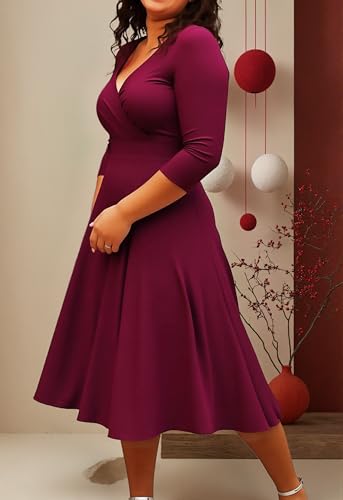 Image of Womens Plus Size Dresses Faux Wrap Summer Dress 3 /4 Sleeves V Neck 1950s Retro Vintage Wedding Party Midi Dress
