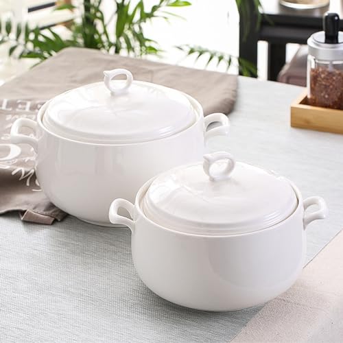 Hgjgwqh Round Soup Crock With Lid Ceramic Soup Tureen with Glass Lid, Ceramic Serving White Soup Bowl With Large Loop Handle for Kitchen, Porcelain, Pure White, Microwave and Dishwasher Safe,3000ML