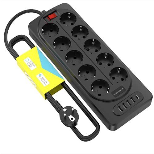 Preisvergleich Produktbild YARUIKE 10Fach Steckdosenleiste Mehrfachsteckdose 4USB 1TPC Mehrfachstecker Steckdosenverteiler mit Schalter Steckerleiste 1.8m Kupferkabel mit USB intelligente Erkennung Hause und im Büro 2500W / 10A
