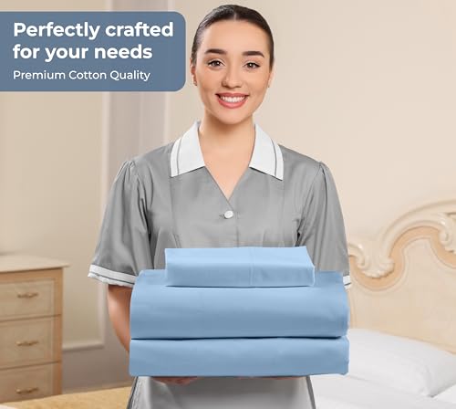 Image of Royale Linens 100% Organic Cotton Twin XL Sheet Set - Percale Weave - 3 Pieces Set - 1 Flat, 1 Deep Pocket Fitted Sheet and 1 Pillowcases -Lake Blue Bed Sheets -Sabanas Twin XL -Crisp Cool (Lake Blue)