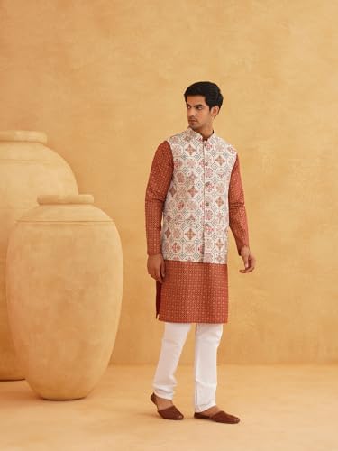 Image of SOJANYA (Since 1958 Men's Cotton Linen Maroon Kurta and White Pyjama with Mustard Cotton Nehru Jacket