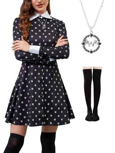 AXUIOKRY Women Adult Gothic Family Long Sleeve Peter Pan Collar Cute Aline Black Merlina Dress with Apparel Decoration AX06-1-M