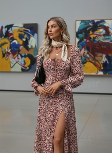Image of BLENCOT Womens Casual Square Neck Long Sleeve Boho Floral Midi Dress Print Side Split Dresses
