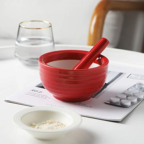 Sweejar Porcelain Mortar And Pestle Set, 4.8 Inch, 12 Ounce Stoneware Pill Crusher Set, Spice Herb Grinder,(Red) #TOP4