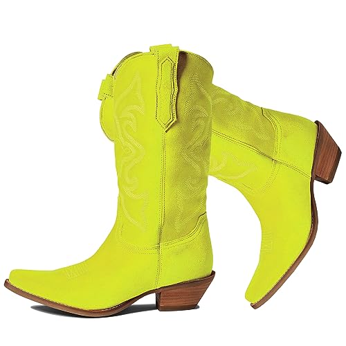 Image of LEHOOR Cowboy Boots Women Embroidered Mid Calf Western Boots Stacked Low Heel Pointed Toe Pull On Cowgirl Boot 4-11 M US