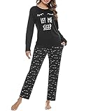 Uniexcosm Schlafanzug Damen Lang Pyjama Set Baumwolle Zweiteiliger Hausanzug Nachtwäsche mit Katzendruck und Polka Dot Schlafanzughose Loungewear Freizeitanzug Stil 2:Pechschwarz L