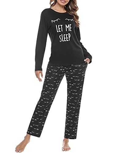 Uniexcosm Pijamas Mujer, Pijamas Mujer Gato Pijamas para Mujer Algodon de Manga Larga Ropa de Casa Dormir Estampado en Cuello Redondo Pijama Mujer 2 Piezas Suave para Casual B:Negro Azabache M