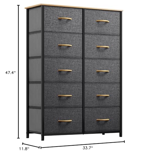 GOOBED 10 Drawers Dresser, Fabric Dresser, Tall Chest Organizer Unit for Living Room, Hallway, Closets, Sturdy Steel Frame, Wooden Top