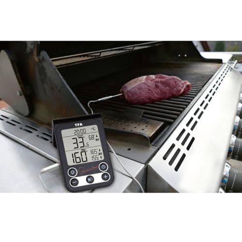 TFA Dostmann Küchen-Chef Digitales Grillthermometer/Bratenthermometer, Kontrolle der Kerntemperatur und Garraumtemperatur, mit Knickschutz und Alarmton, Schwarz, L 64 x B 20 (96) x H 99 (61) mm