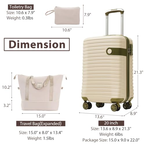 3 Piece Carry on Luggage Sets 20 Inch Airline Approved Lightweight Hardshell ABS Suitcases with Wheels White Green (White and Green)2