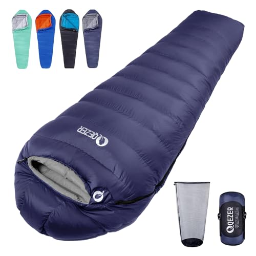 QEZER 0°F Cold Weather Sleeping Bag for Adults - 650 Fill Power Down, Lightweight & Water-Resistant Winter Backpacking Bag with Compression Sack