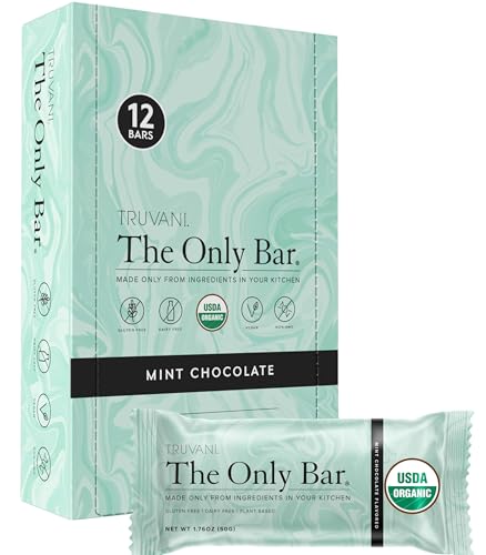 Truvani Plant Based Snack Bars | Chocolate Mint 12 Pack | 7g Protein | USDA Organic and Vegan | The Only Bar | Dairy, Soy, and Gluten Free | Individually Wrapped