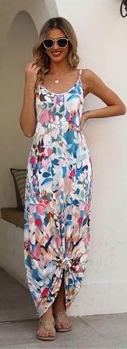 Image of Supnier Women's Summer Maxi Dress Casual V-Neck Sleeveless Bohemian Spaghetti Strap Floral Long Maxi Dress with Pockets