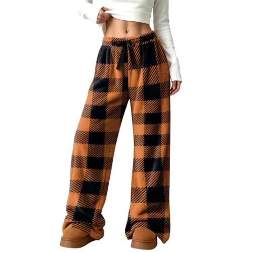 Women's Wide Leg Pants Thermal Checkered Plaid Flannel Loose Travel Pant - image 6