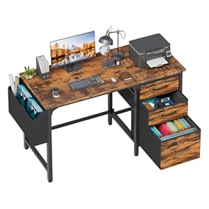 Lufeiya Computer Desk with Fabric File Drawers Cabinet, 47 Inch Reversible Home Office Desks with Filing Cabinet for Small Space, Study Writing Table PC Desks, Rustic Brown